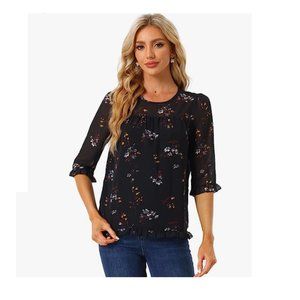 NEW Allegra K Women's Casual Ruffle 3/4 Sleeve Floral Print Chiffon Blouse Sz M